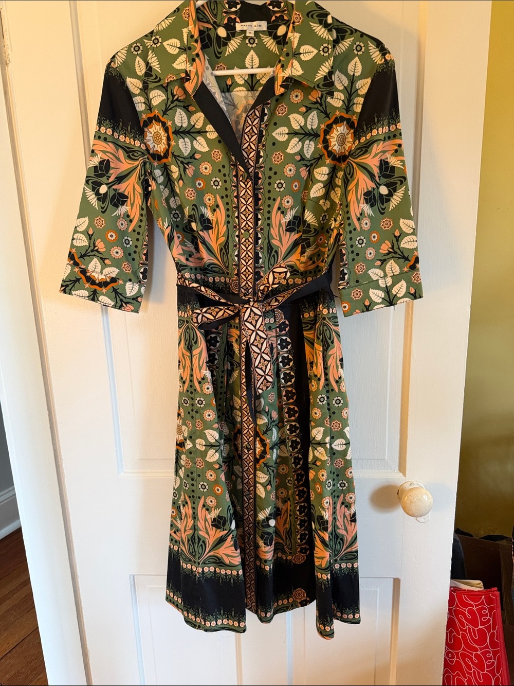 PATTY KIM Green Floral Shirt Dress with Belt SZ M